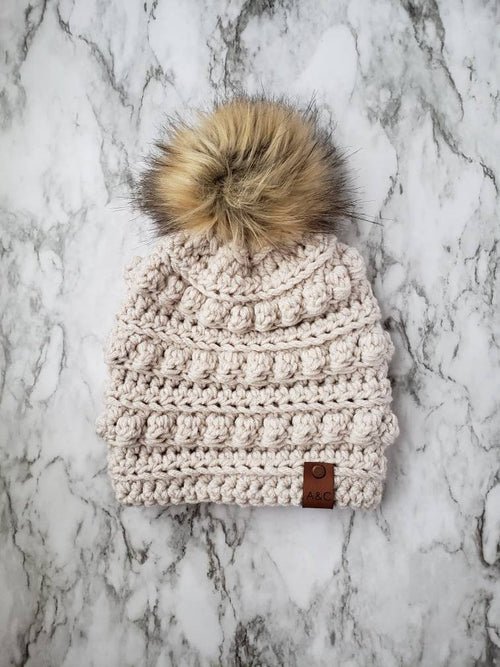 Adult Bobble Beanie | Handmade Crochet Winter Hat with Faux Fur Pom Pom