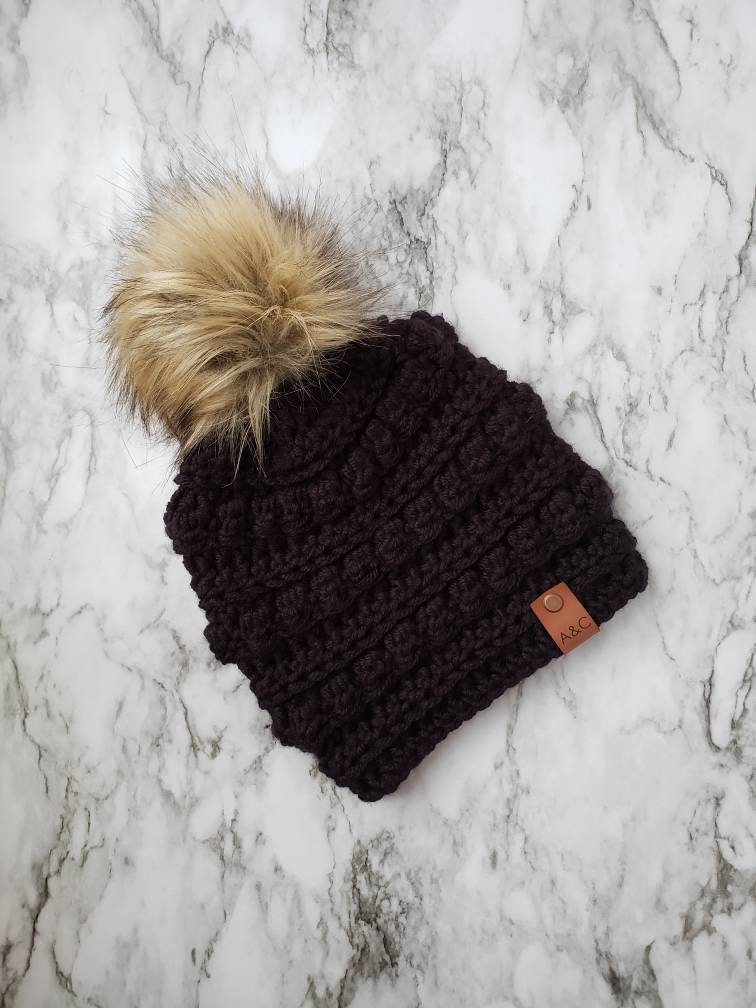 Adult Bobble Beanie | Handmade Crochet Winter Hat with Faux Fur Pom Pom