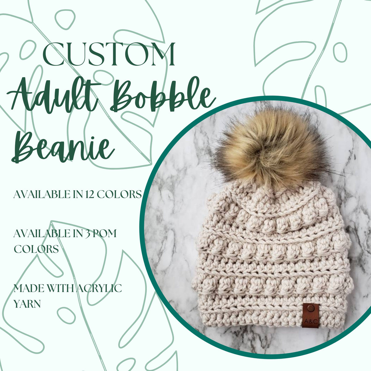 Adult Bobble Beanie | Handmade Crochet Winter Hat with Faux Fur Pom Pom