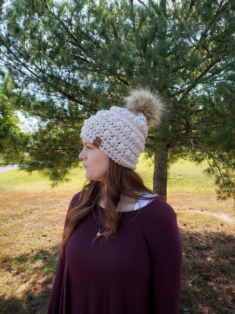 Adult Bobble Beanie | Handmade Crochet Winter Hat with Faux Fur Pom Pom