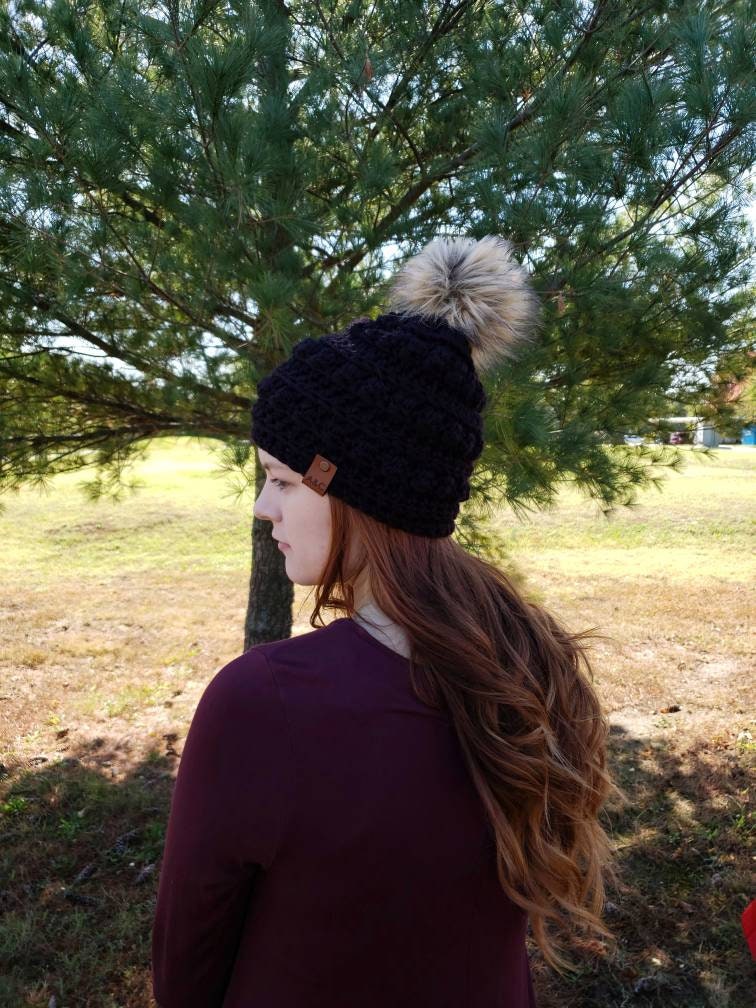 Adult Bobble Beanie | Handmade Crochet Winter Hat with Faux Fur Pom Pom